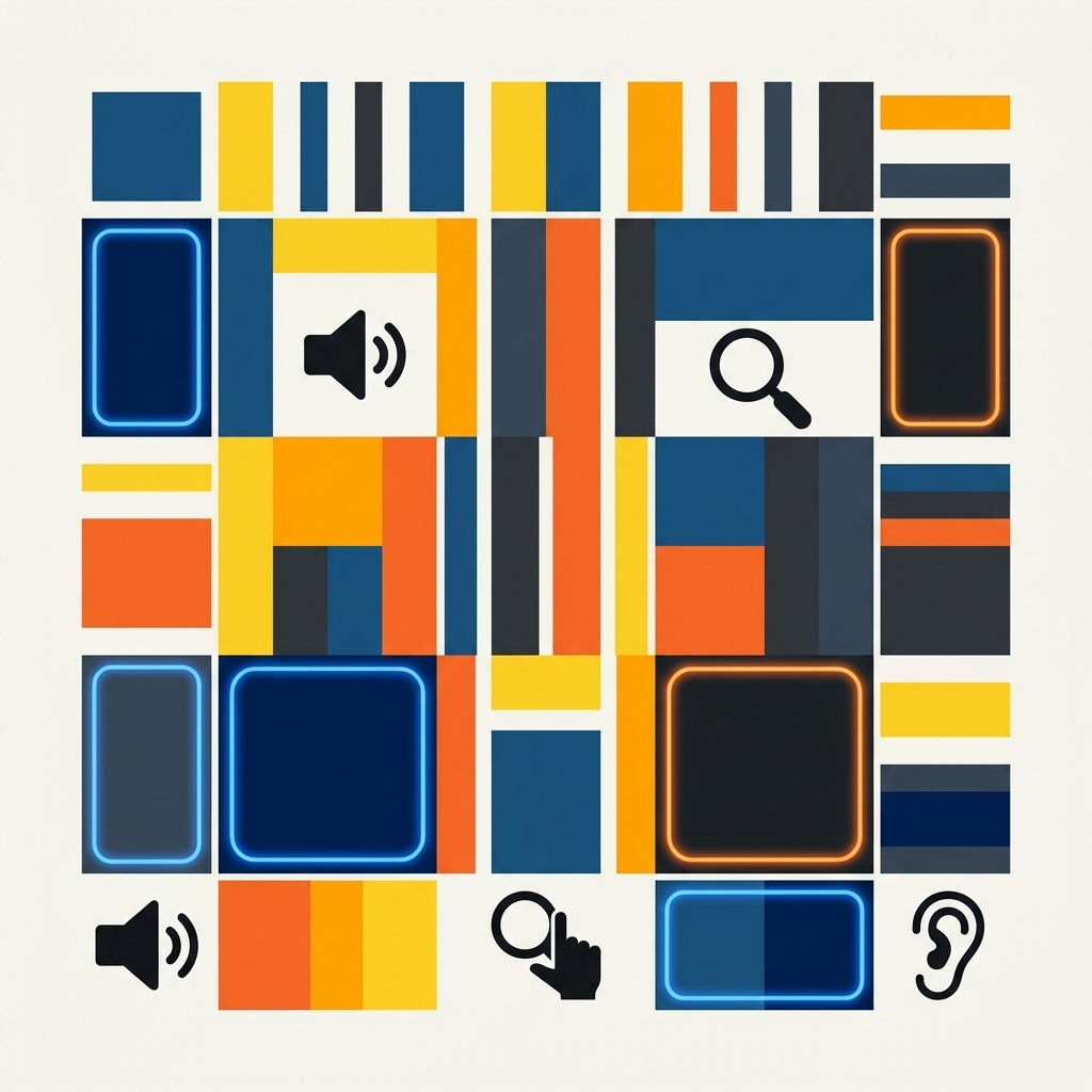 Abstract accessibility grid with WCAG contrast bars and focus rings