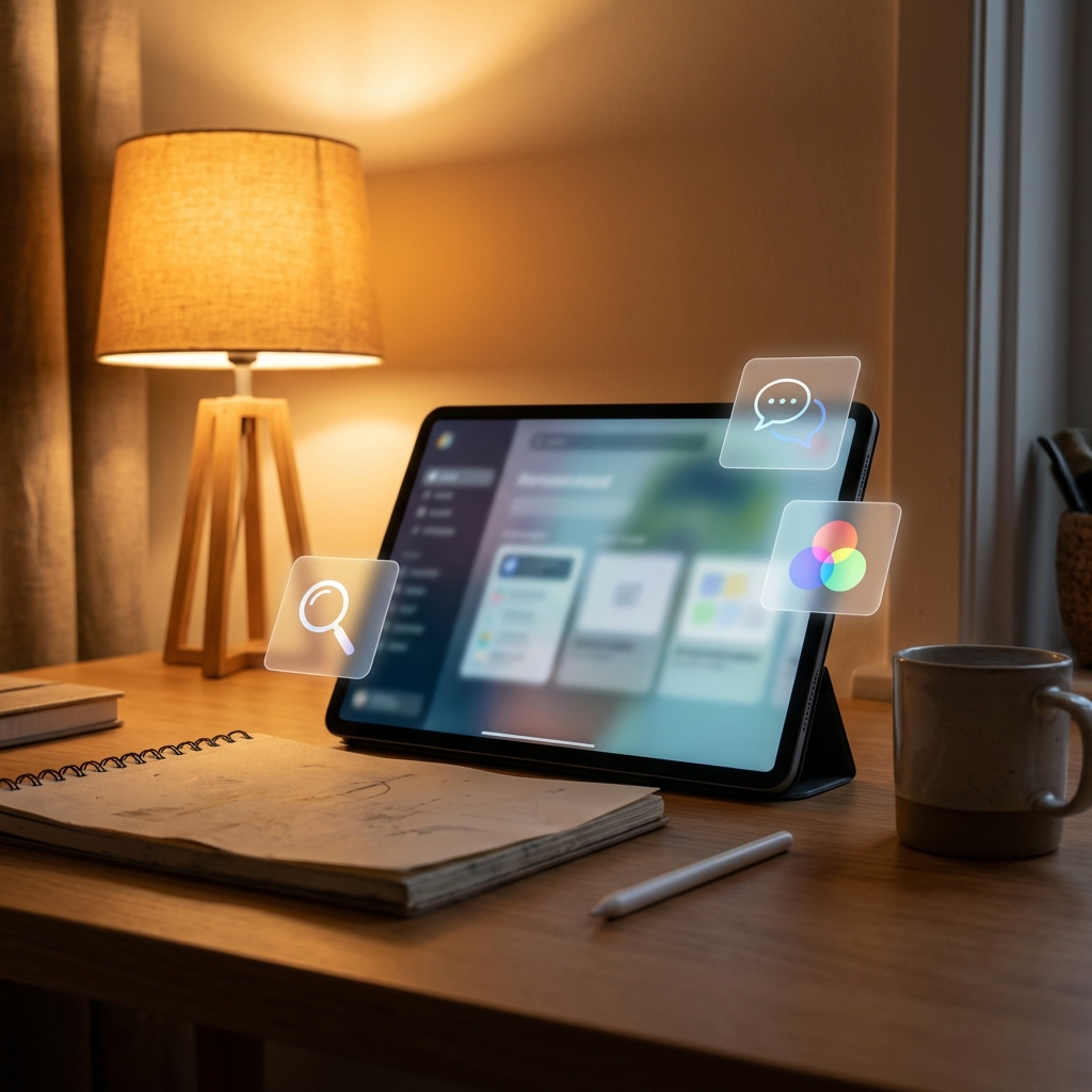 Designer workspace with tablet showing accessibility overlays