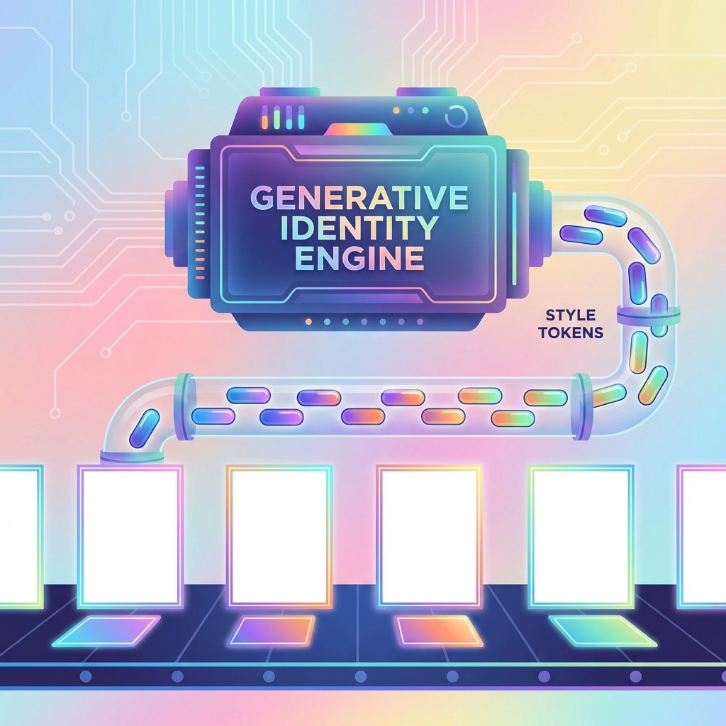 Editorial illustration: generative identity engine—style tokens flowing into posters/cards